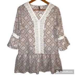 Urban Outfitters Entro Taupe & Cream Peplum Peasant Top Crochet Size S